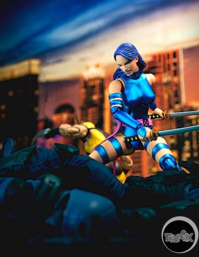 Mafex Psylocke stands, swords drawn, above the GI Joe Classified Cobra Troopers she's just defeated in this toy photo
